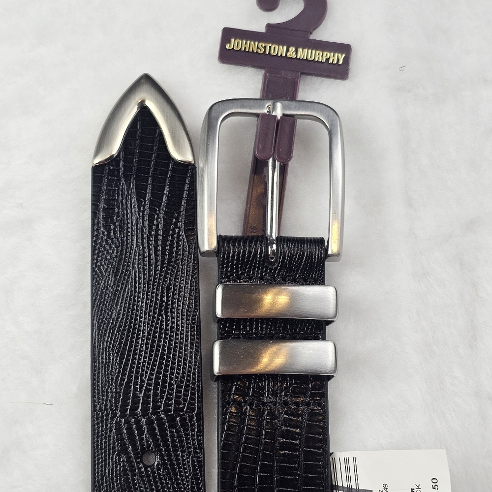 Johnston & Murphy NWT Lizard Grain Leather Belt Size 38‎ Black Silver Hardware